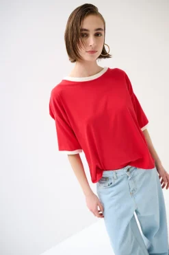 Best KIKISIX T-SHIRT PARICOLLO E FONDO MANICA COSTINA ROSSO/PANNA