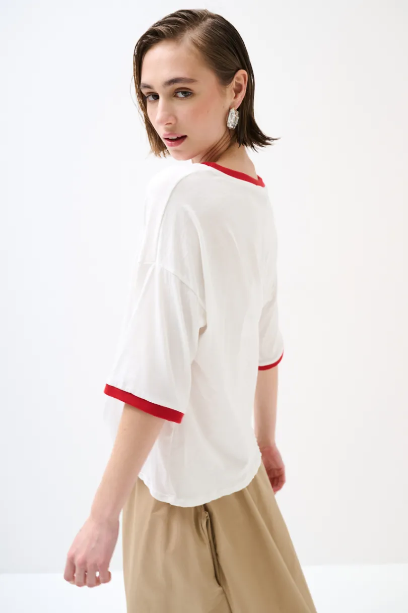 Best KIKISIX T-SHIRT PARICOLLO E FONDO MANICA COSTINA BIANCO/ROSSO