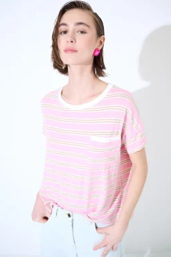Hot KIKISIX T-SHIRT SCATOLINA CON TASCA RIGHE ROSA