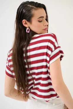 Discount KIKISIX T-SHIRT SCATOLINA CON TASCA RIGHE VINO