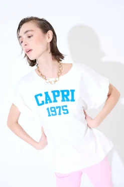 New KIKISIX T-SHIRT SCRITTA CAPRI 1975 BLU