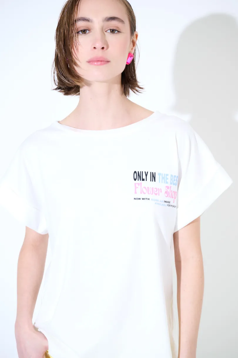 Best KIKISIX T-SHIRT SCRITTA FLOWER SHOP DAV. STAMPA SUL DT BIANCO